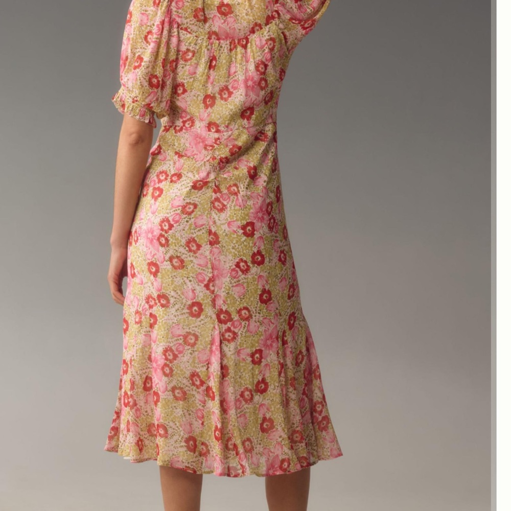 By Anthropologie Puff-Sleeve Ruched Mesh Midi Shirt Dress